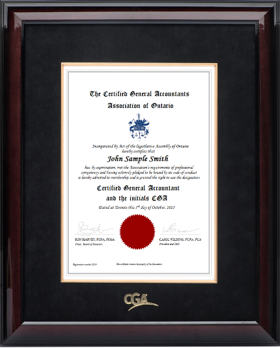 Glossy mahogany wood frame with black velvet mat (BLKV/GF) for VERTICAL CGA Ontario designation